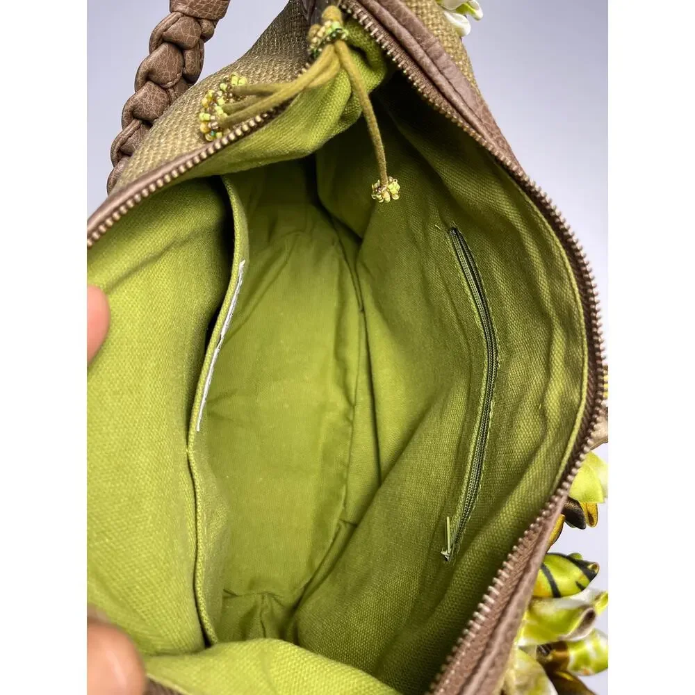 Mary Frances olive green burlap hobo bag floral embellished beaded art to wear